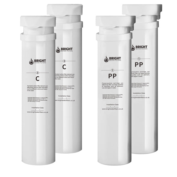 Bright Water Filters - V-3E Replacement Filter Cartridges – 4-Pack, 2 Polypropylene + 2 Carbon