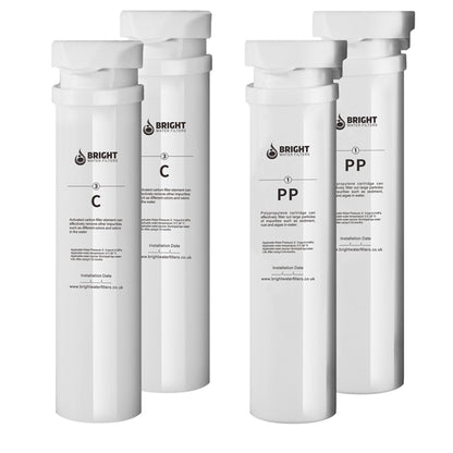 Bright Water Filters - V-3E Replacement Filter Cartridges – 4-Pack, 2 Polypropylene + 2 Carbon