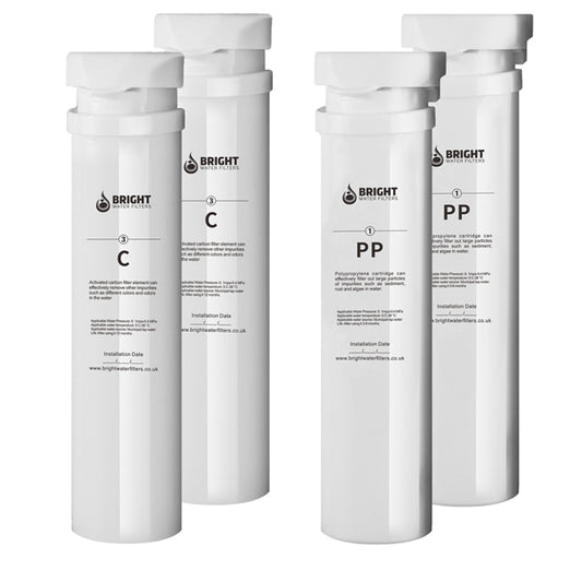 Bright Water Filters - V-3E Replacement Filter Cartridges – 4-Pack, 2 Polypropylene + 2 Carbon