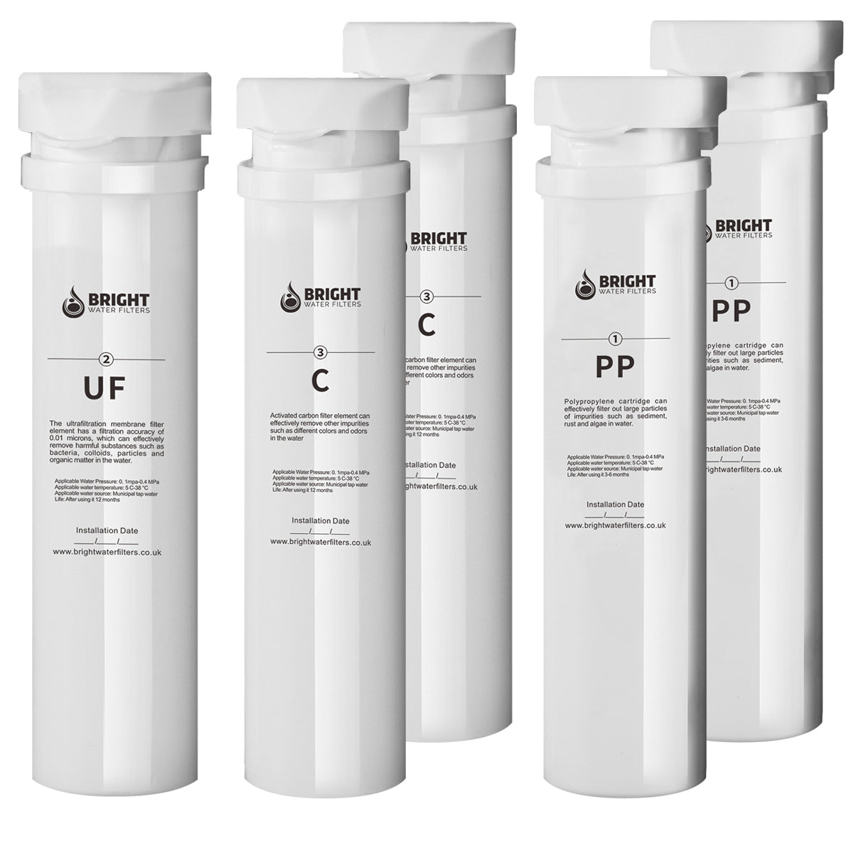 Bright Water Filters - V-3E Replacement Filter Cartridges – 5-Pack, 2 Polypropylene + 2 Carbon + 1 Ultrafiltration