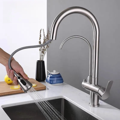 Bright Water Filters - 3-Way Pull-Out Filtered Water Tap – Brushed Chrome, 360° Swivel