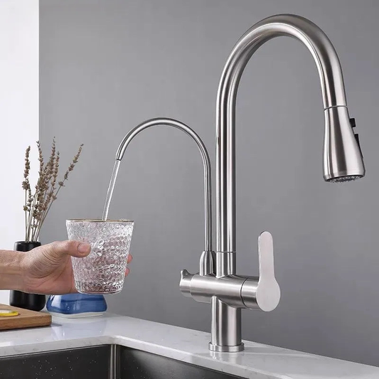 Bright Water Filters - 3-Way Pull-Out Filtered Water Tap – Brushed Chrome, 360° Swivel