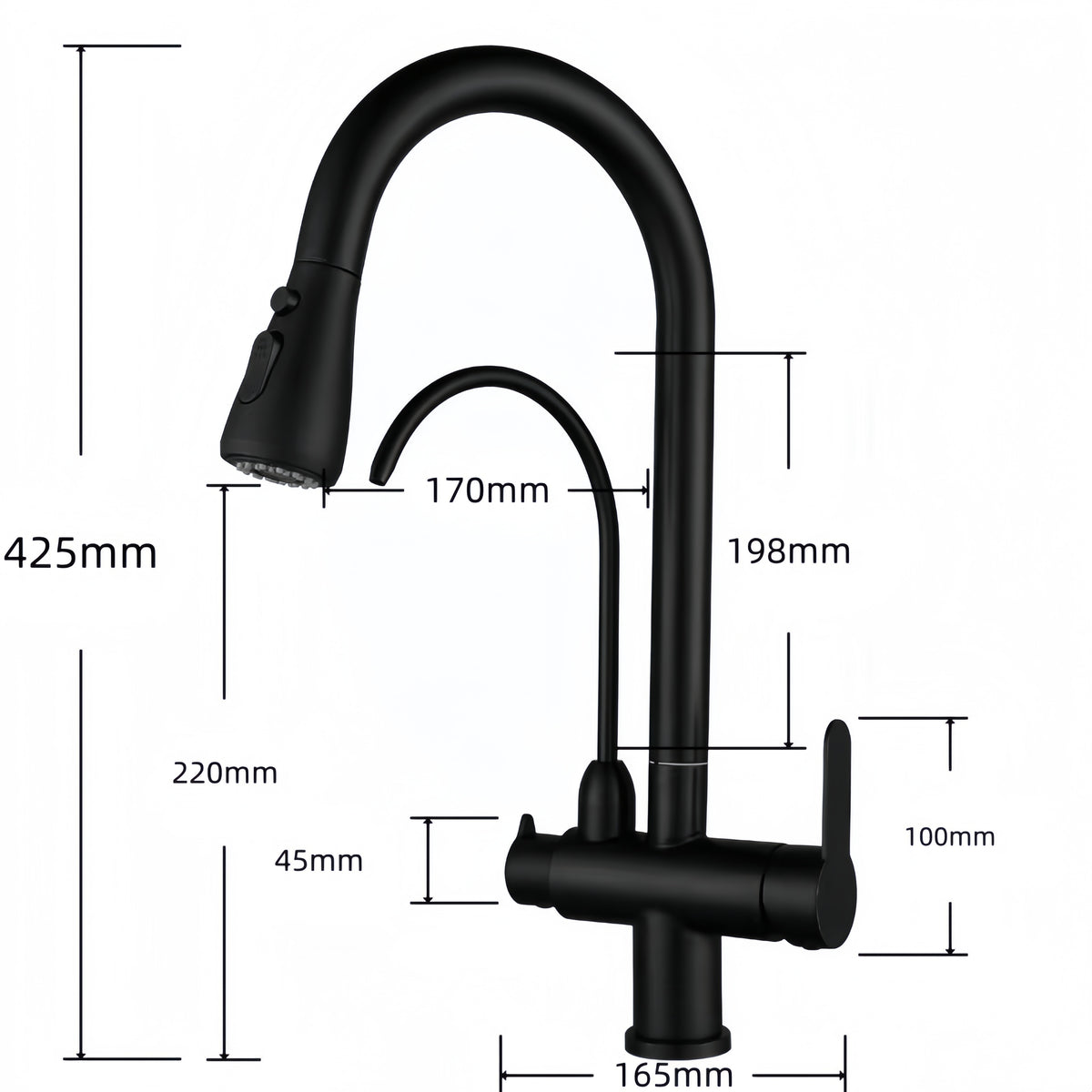 Bright Water Filters - 3-Way Pull-Out Filtered Water Tap – Black, 360° Swivel