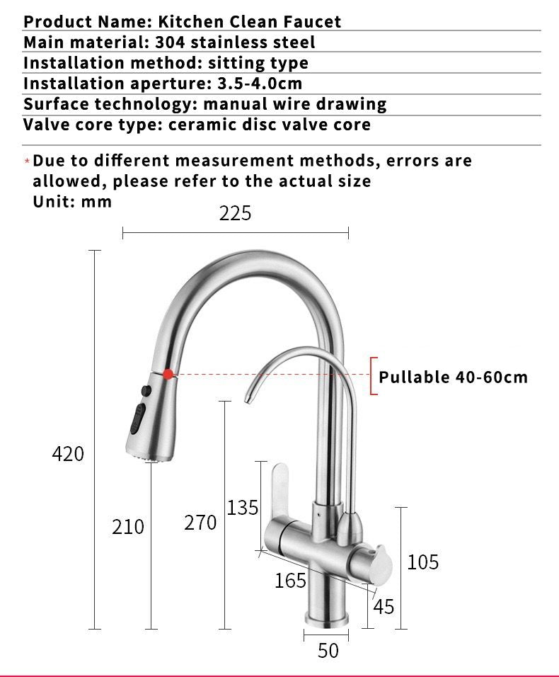 Bright Water Filters - 3-Way Pull-Out Filtered Water Tap – Brushed Chrome, 360° Swivel