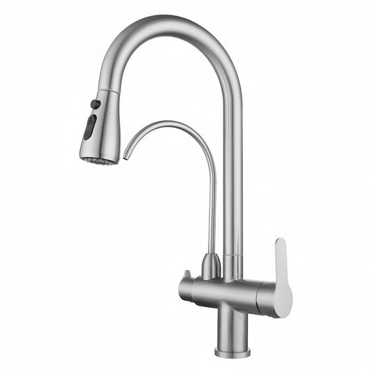 Bright Water Filters - 3-Way Pull-Out Filtered Water Tap – Brushed Chrome, 360° Swivel