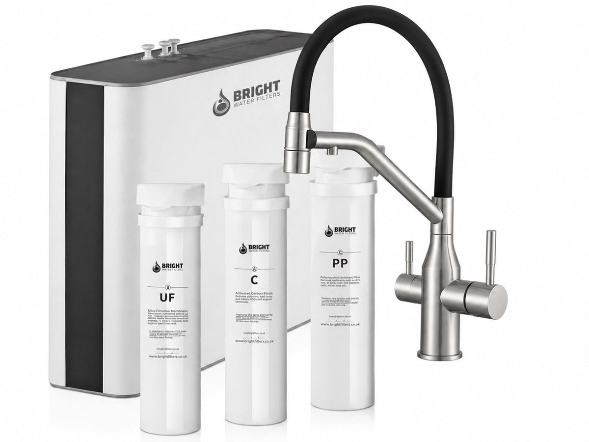 Bright Water Filters - V-3E Under-Sink Water Filter with Magnetic Pull-Out Tap – Brushed Chrome