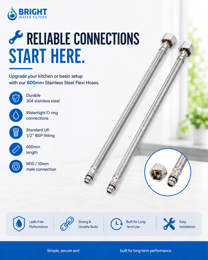 Bright Water Filters - 600mm Flexi Tap Hoses – Pair, M10 to G½ British Standard Pipe