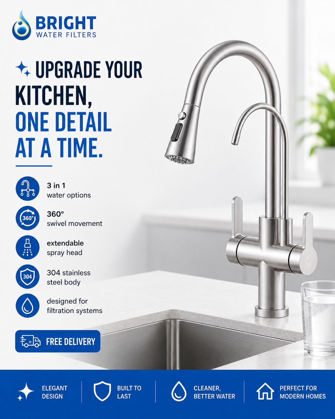 Bright Water Filters - 3-Way Pull-Out Filtered Water Tap – Brushed Chrome, 360° Swivel