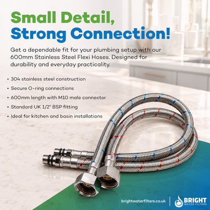 Bright Water Filters - 600mm Flexi Tap Hoses – Pair, M10 to G½ British Standard Pipe