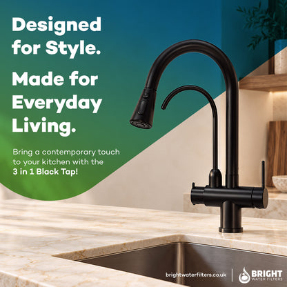 Bright Water Filters - 3-Way Pull-Out Filtered Water Tap – Black, 360° Swivel