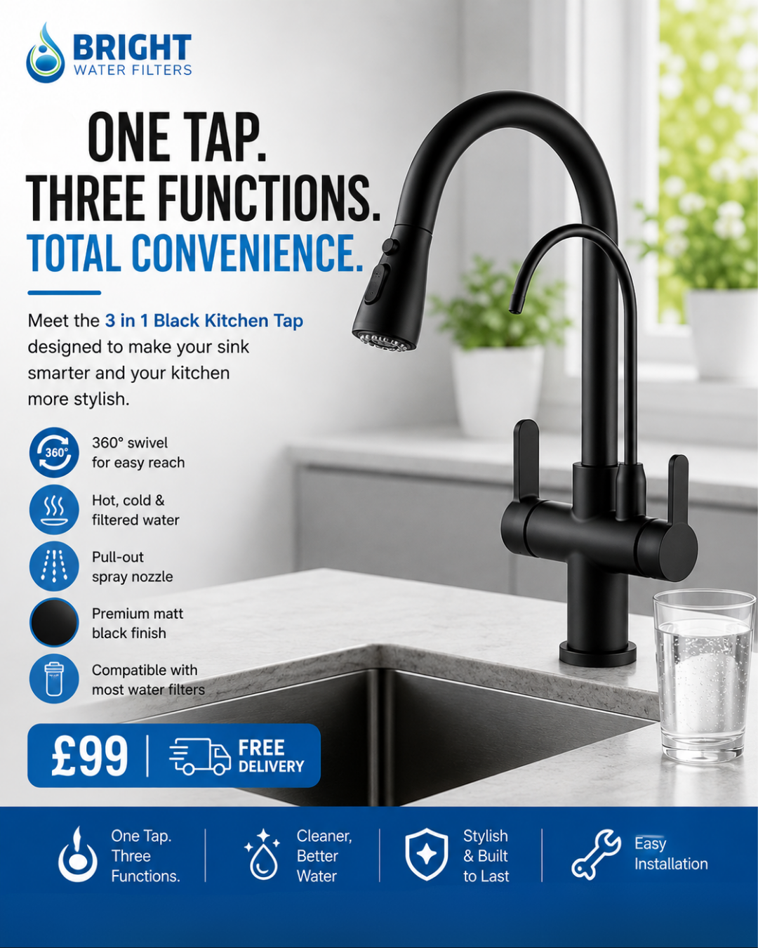 Bright Water Filters - 3-Way Pull-Out Filtered Water Tap – Black, 360° Swivel